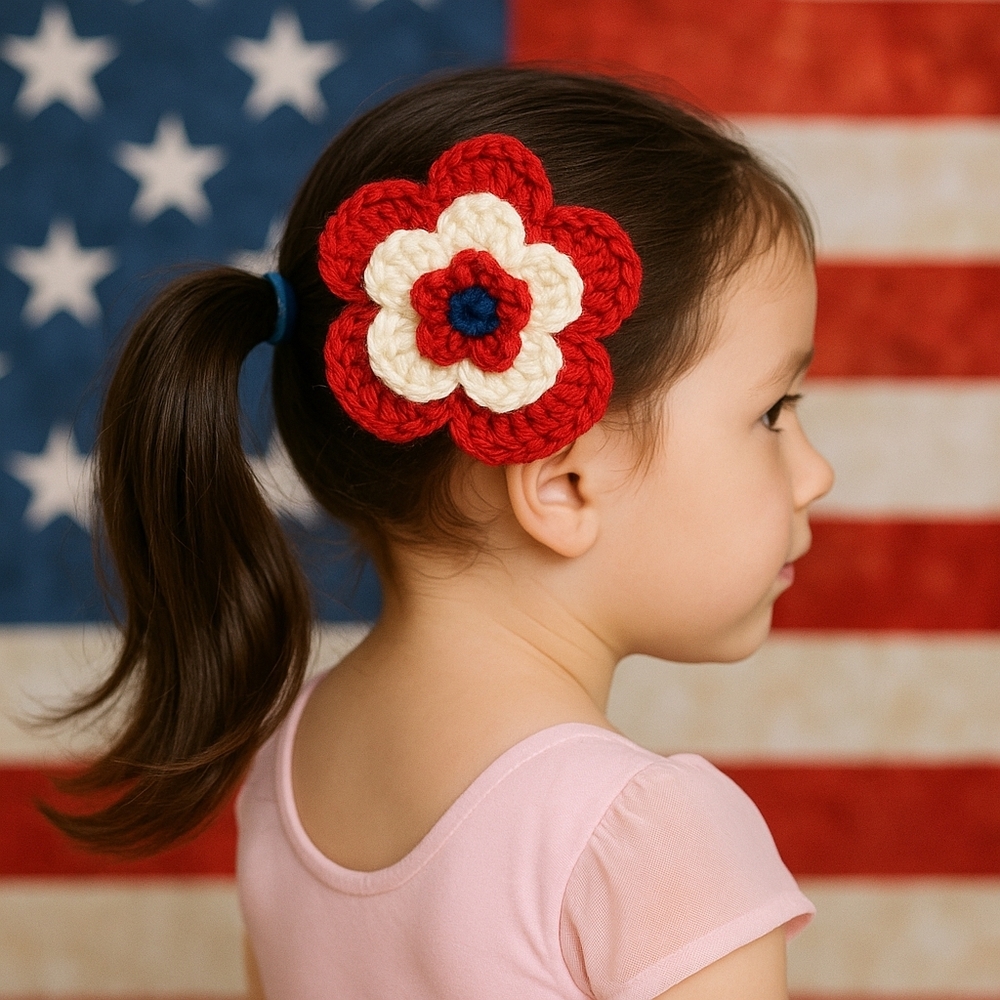 Handcrafted Red and White Floral Hair Clip Crochet Knit Patriotic Hair Accesory